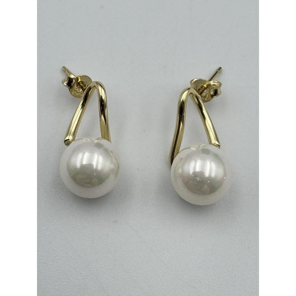 Vermeil 925 Sterling Silver Gold Tone Faux Pearl Drop Post‎ Earrings